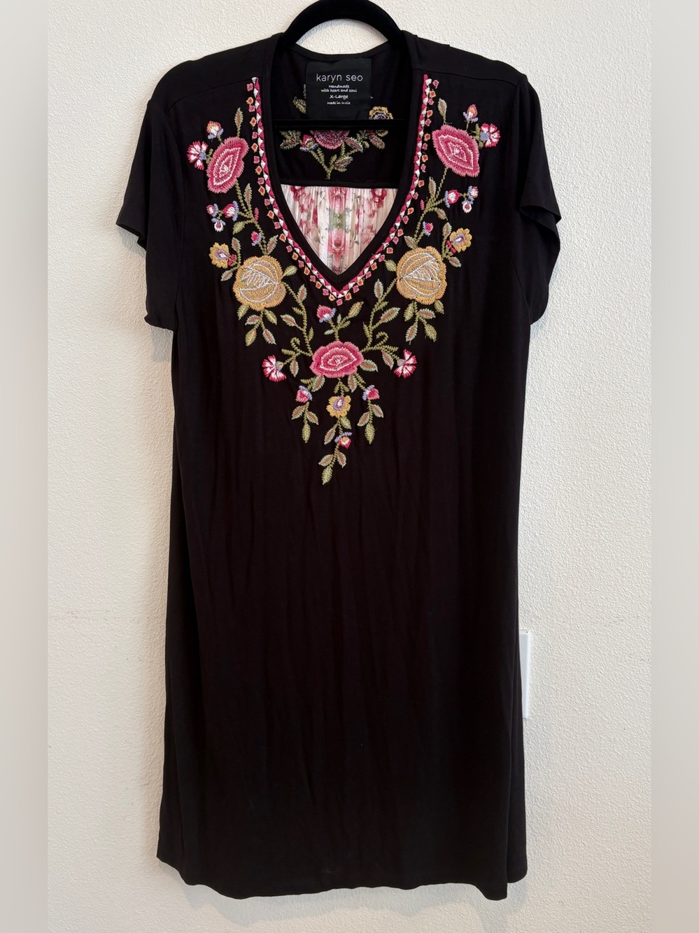 Karyn Seo Black Floral Embroidered V-Neck Cap Sleeve Knit Tunic Women’s XL